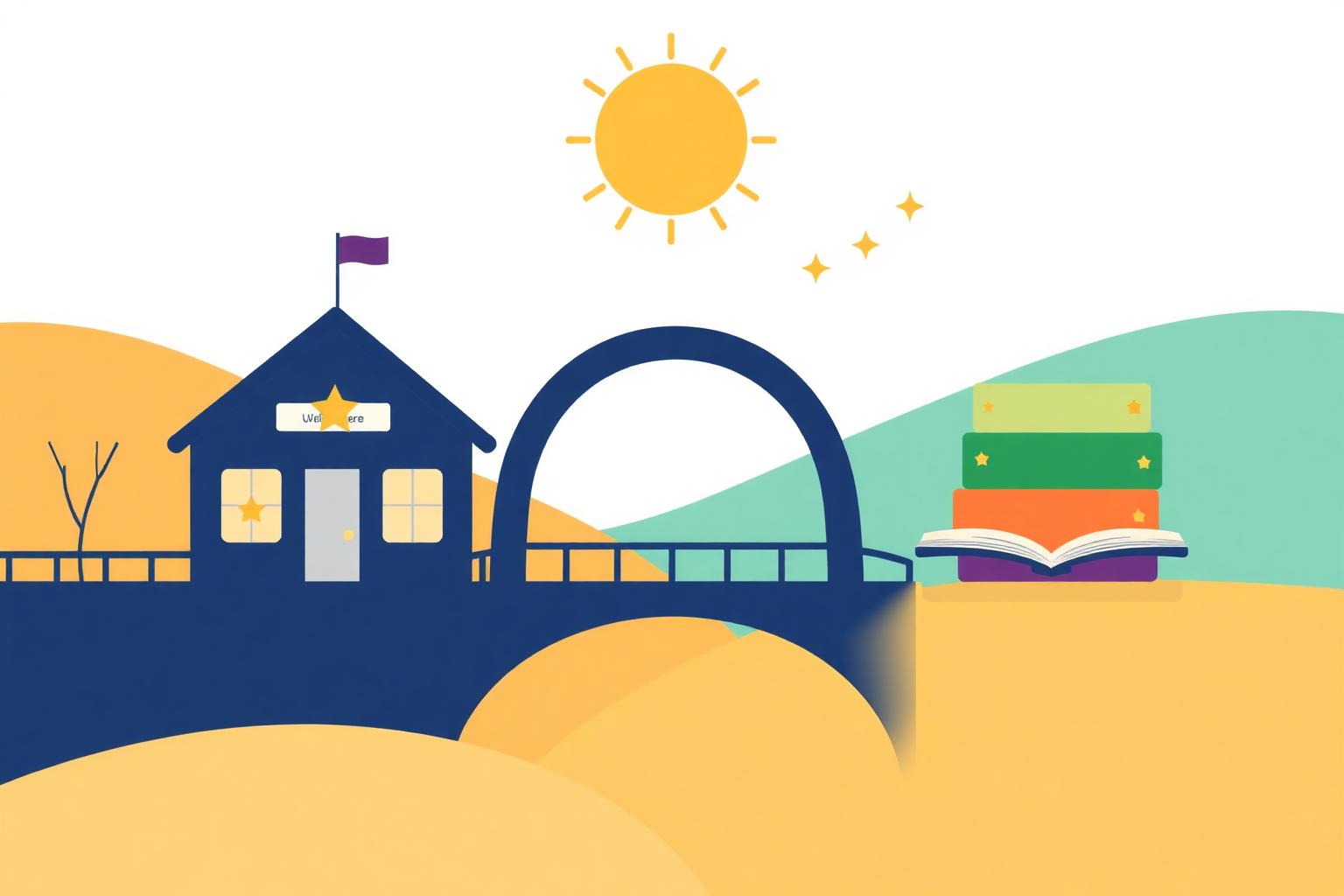 Illustration of a bridge connecting a childcare center to classroom blocks and books, symbolizing the connection between centers and educators